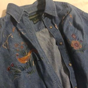 Vintage oversized denim shirt with floral detail
